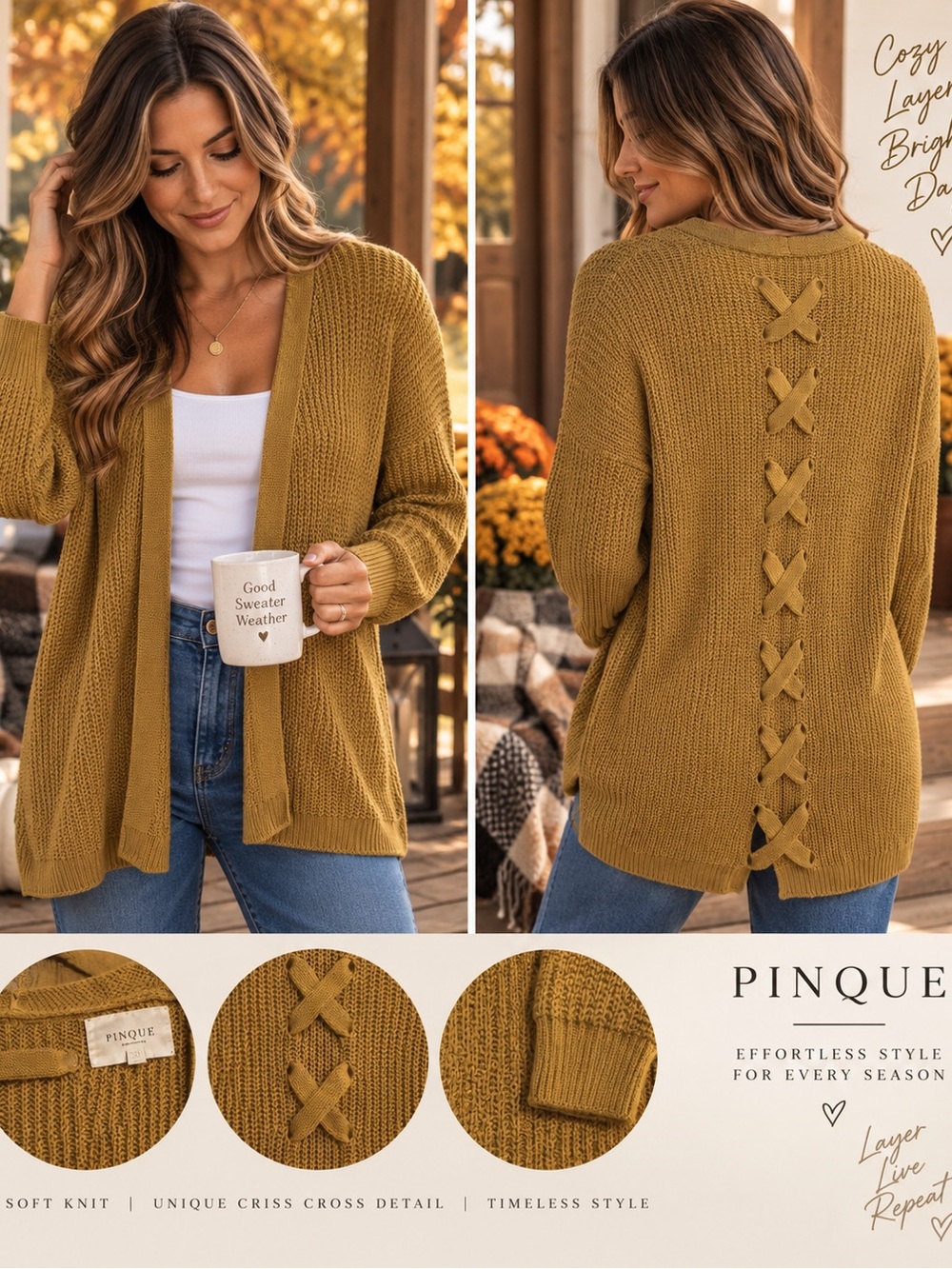 Pinque Mustard Yellow Open Front Fall Boho Office Sweater Cardigan Large #57CL